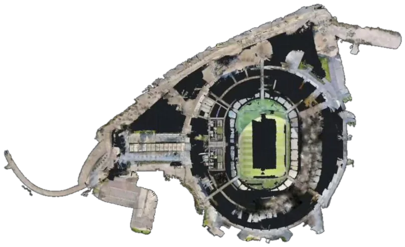 Top-down point cloud of a stadium and its surrounding site