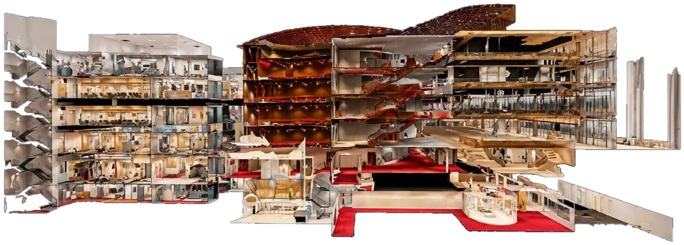 Section cutaway of a performing arts center showing the auditorium, lobbies and offices